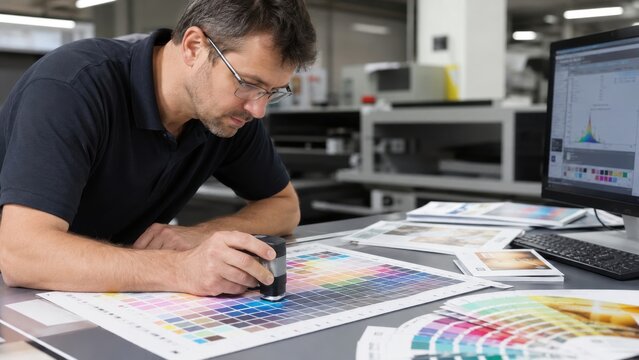 Color technician examines printed samples and adjusts settings in a printing studio during daylight hours