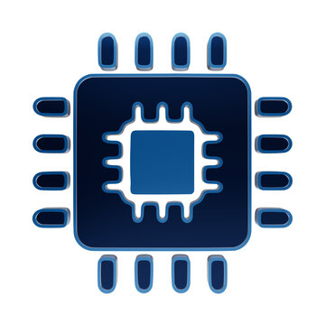 A blue glowing icon of a central processing unit chip with multiple pins on all sides, representing computer hardware, microchips, and digital technology isolated on a transparent background