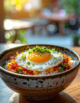 Fried egg with glossy yolk over steamed rice, kimchi, sauteed vegetables, sesame seeds and scallions, Korean ceramic bowl, cozy restaurant setting, vibrant culinary concept. Close-up.