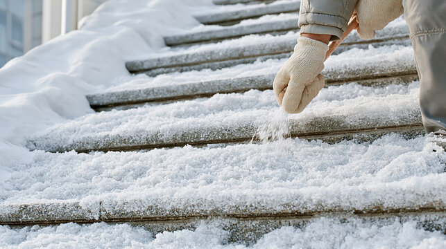 Winter maintenance professional spreading deicing salt across snow covered outdoor steps, improving safe access during cold morning