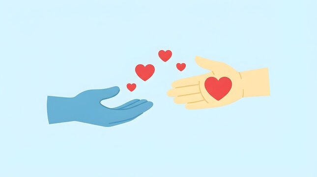 Giving and receiving love concept with hands and floating red hearts illustration