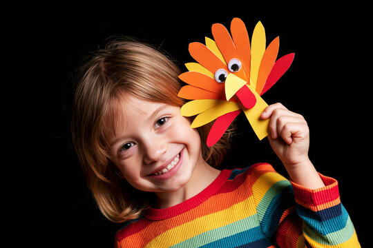Smiling girl in striped shirt holding paper turkey craft up high, Thanksgiving portrait on black background