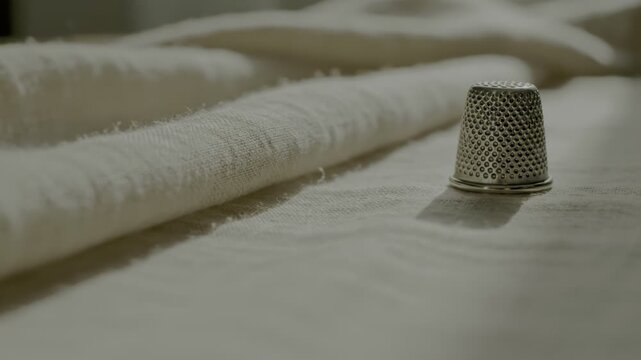 Metal sewing thimble on folded cream fabric.