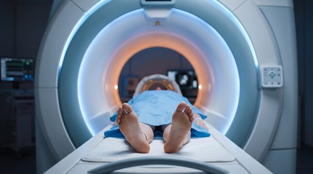 A patient lies on a motorized table entering an MRI scanner for a diagnostic medical examination in a modern hospital setting.