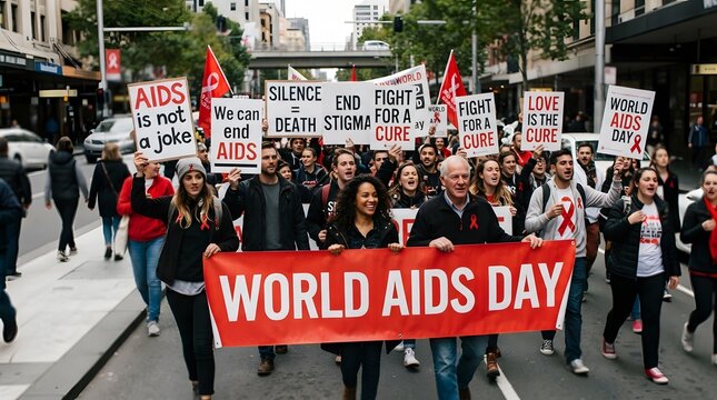 Large group of people march in a demonstration for world aids day awareness