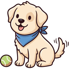 Obraz premium Cute Cartoon Golden Retriever Puppy Sitting with Blue Bandana and Tennis Ball