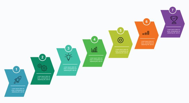 Seven step ascending chevron arrow infographic business timeline process workflow diagram sequence corporate growth presentation layout vector design