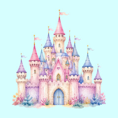 Fototapeta premium Whimsical Pink Fairytale Castle Watercolor Illustration with Colorful Towers and Flowers