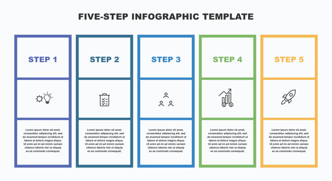 Modern five step infographic template with framed vertical cards sequential business workflow timeline presentation process diagram layout vector illustration