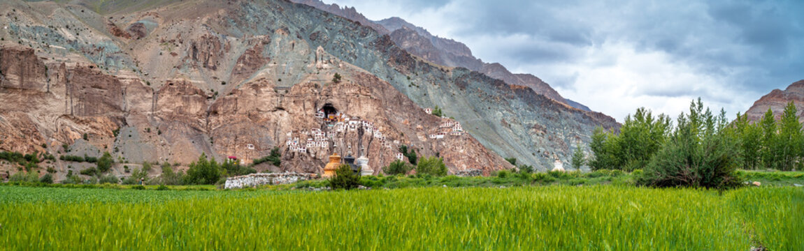 Phuktal Monastery in Lungnak Valley, Zanskar, Ladakh, India with Buddhist Stupas and Himalayan Mountains