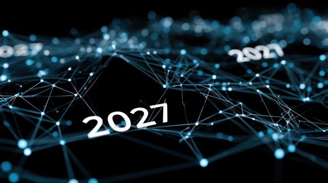 The year 2027 displayed as floating white numbers within a glowing blue digital network structure with complex web interconnected number 2027 integrated nodes thin lines infrastructure information