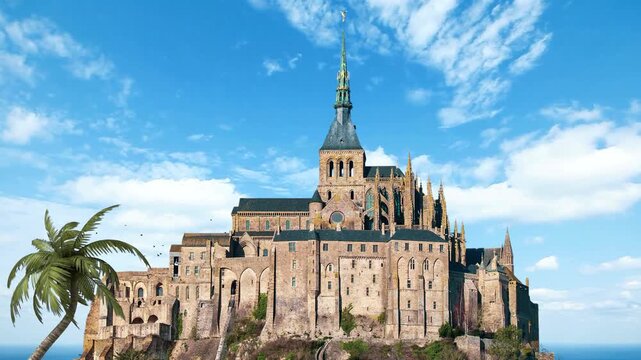 Mont Saint Michel Abbey in France. Famous French landmark Abbey du Mont-Saint-Michel at brighter day with beautiful white clouds. Normandie. France. Unesco world heritage site