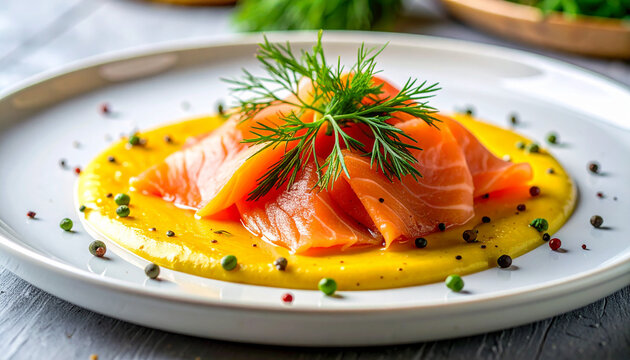 Gourmet Swedish gravlax on white ceramic plate with fresh dill and mustard sauce, tasty food, appetizing meal, refined restaurant styling. Close-up.
