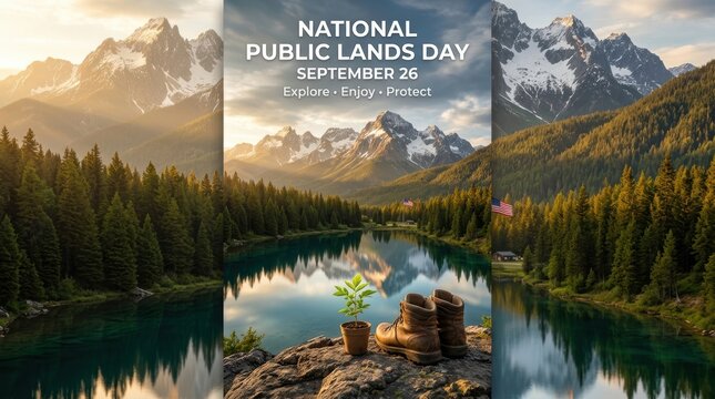 National public lands day poster with scenic mountain lake landscape and forest background for september 26