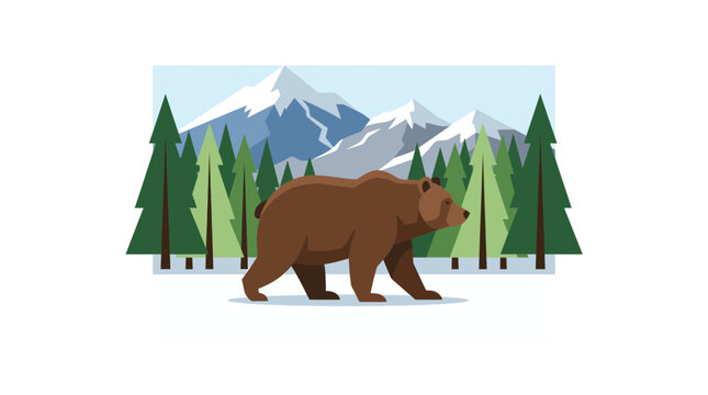 Flat Vector Illustration of a Grizzly Bear in Mountain Forest