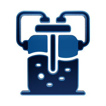 A blue 3D icon of a laboratory distillation or filtration apparatus with bubbling liquid, rendered in a glossy metallic style, isolated on a transparent isolated on a transparent background