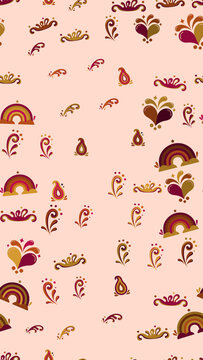 Decorative pattern with rainbows, hearts, and paisley shapes