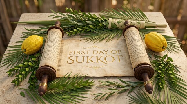 Old parchment scroll with first day of sukkot text surrounded by etrog citron and lulav palm branches