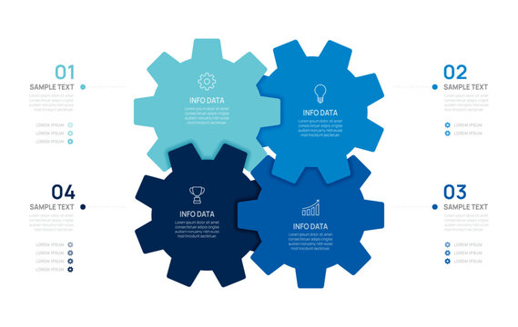 Business Infographic Gear 4 step Mechanical Workflow Template, presentation with icons diagram elements vector illustration.