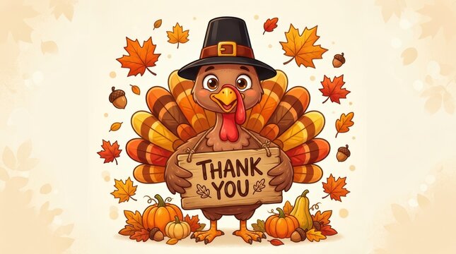 Cute cartoon turkey wearing a pilgrim hat holding a wooden thank you sign with autumn leaves and pumpkins