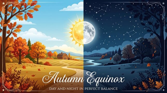 Autumn equinox landscape showing day and night side by side with sun moon stars and colorful fall trees
