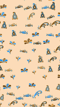 Seamless pattern with blue and brown decorative elements