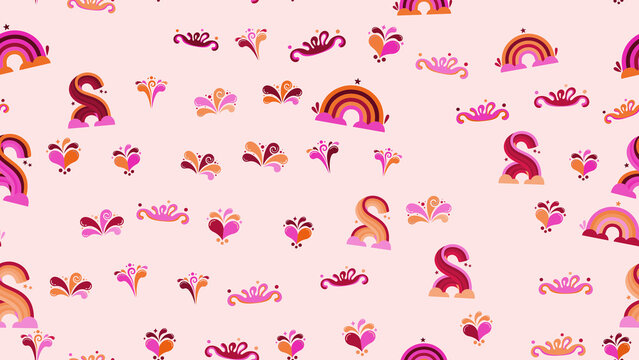 Seamless pattern with stylized rainbows and hearts