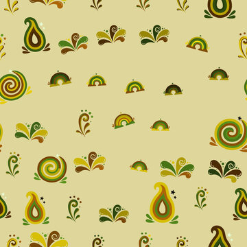 Seamless pattern with stylized shapes and rainbows