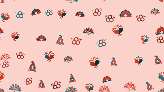 Stylized pattern of hearts, rainbows, and paisley shapes