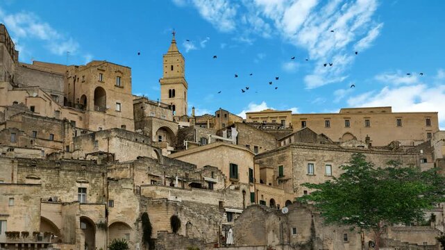 Medieval Town Of Matera Atop Rocky Outcrop In The Region of Basilicata, Southern Italy. 4K footage of the beautiful town of Matera (Sassi di Matera) in Basilicata
