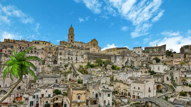 Medieval Town Of Matera Atop Rocky Outcrop In The Region of Basilicata, Southern Italy. Sassi di matera old town, panoramic view of typical stones and church of Matera. UNESCO WORLD HERITAGE SITE.