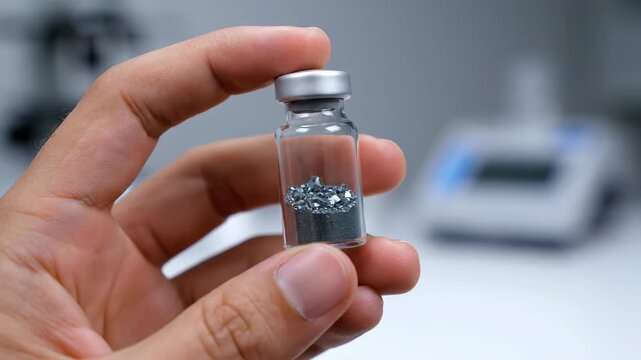 Close-up of a handheld vial, close-up of a handheld experimental vial