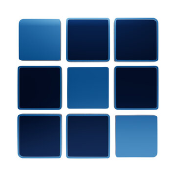 A three by three grid of nine rounded square icons with blue glossy finish, featuring a mix of light and dark blue shades, representing a digital interface isolated on a transparent background