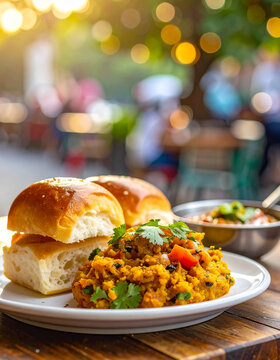 Delicious Pav Bhaji with vibrant vegetable mash with toasted buns, bread and curry, Indian street food. Cooking and culinary concept. Close-up.