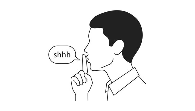 Profile view of a person holding a finger to their lips saying shhh, represented in a simple line art style to convey silence and secrecy.