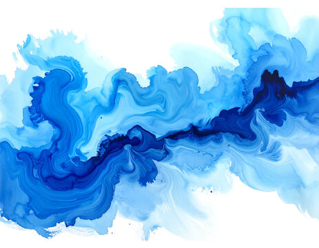 Blue watercolor ink splash abstract fluid flow with organic shapes, transparent background