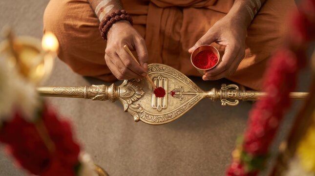 Devotee performing ritual anointing on ornate golden spear with red powder during holy festival