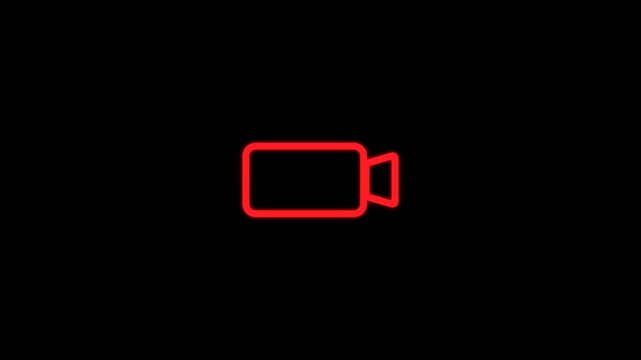 Red Live Stream Video Camera Outline Animated Icon with Flashing Record Dot. Isolated Motion Graphic on Black Background