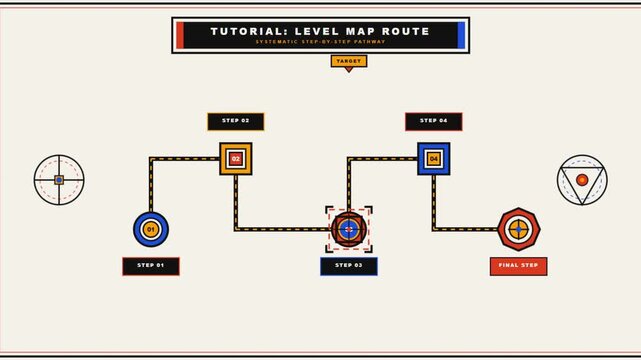 Interactive level map route with glowing target marker moving through step by step journey diagram