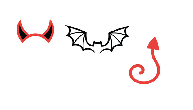 Set of halloween themed icons featuring a pair of red devil horns, bat wings, and a curly red devil tail on white.