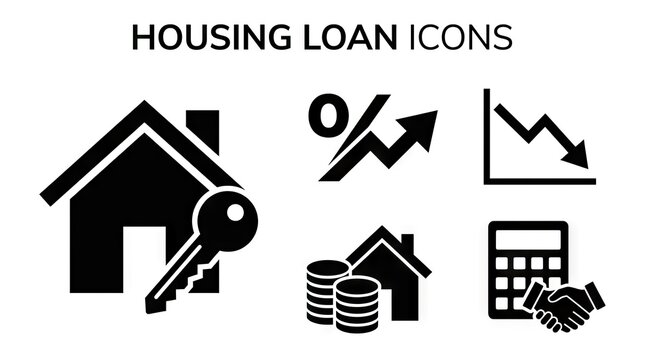 Black housing loan icons set on white background