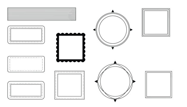 Various geometric frames and bordered shapes featuring circles and rectangles with different decorative outline styles.