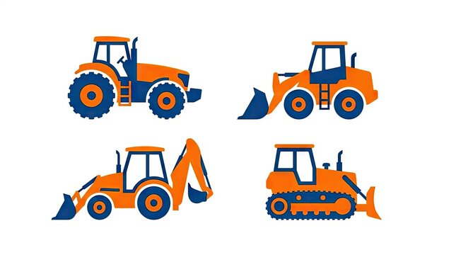 Four orange heavy construction and farm vehicle icons.
