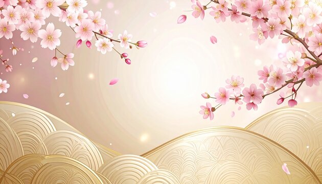 Graceful spring Japanese background in pale cherry blossom pink, ivory and champagne gold with sakura branches
