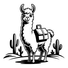 Fototapeta premium Llama carrying saddlebags stands near cacti black and white silhouette