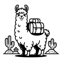 Fototapeta premium Llama carrying backpack with cacti black and white silhouette