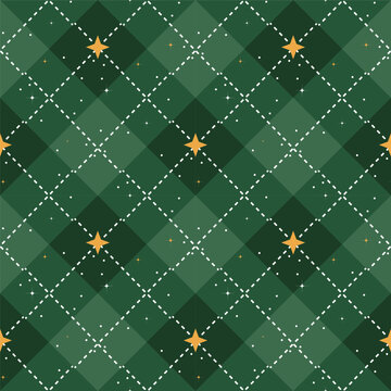 Festive green Christmas argyle seamless pattern with golden stars and falling snow. Ideal for wallpaper, holiday backgrounds, textiles, and wrapping paper. Vector illustration.