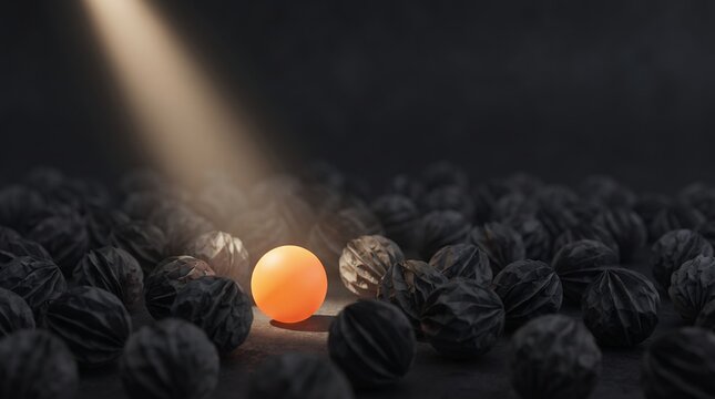 A single bright orange sphere stands out amongst a multitude of dark, textured spheres under a dramatic spotlight.