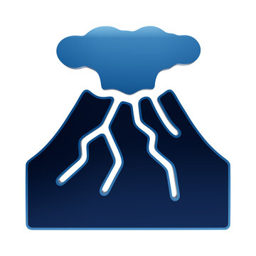 A stylized blue icon of an erupting volcano with lava flowing down the mountain slopes, presented in a glossy 3D aesthetic isolated on a transparent background