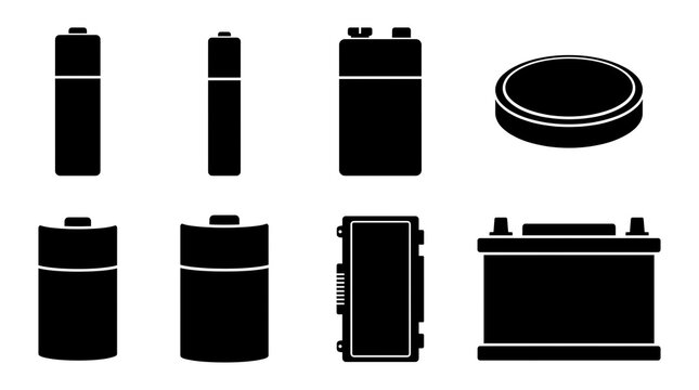 Set of various black battery silhouettes including alkaline, lithium coin, and automotive lead-acid